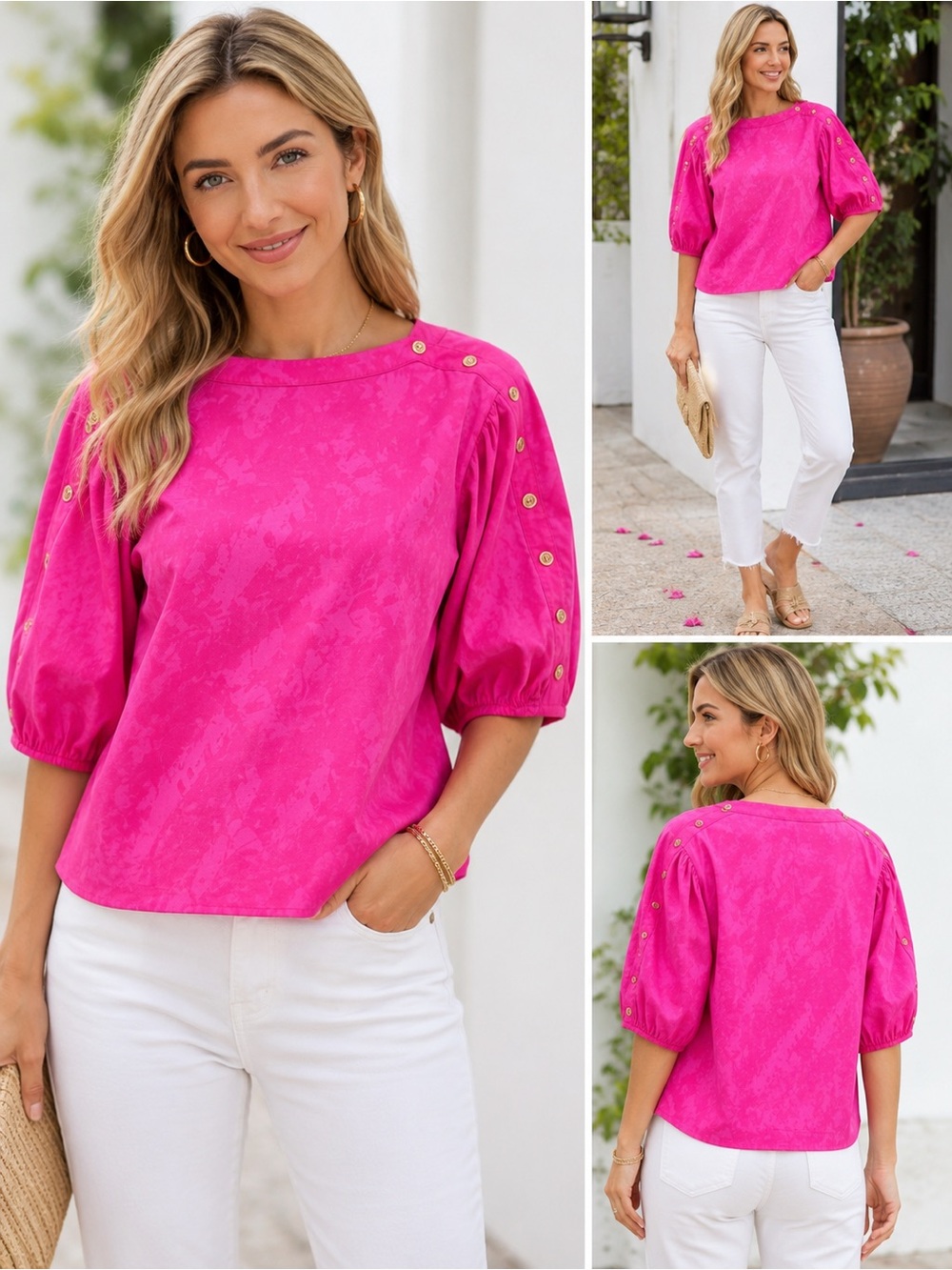 BURU Fuchsia Boatneck Balloon Sleeve Blouse Gold Button Accent